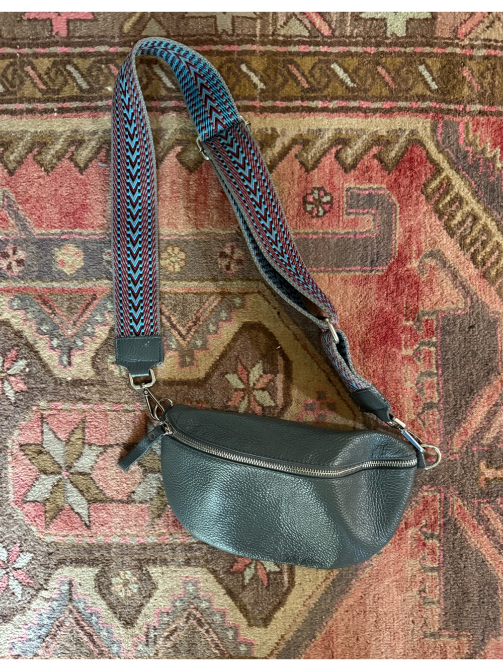 Grey Leather Crossbody Belt Bag with Aztec Patterned Strap
